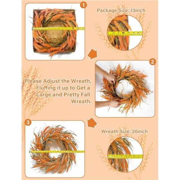 20 Inch 20 LED Thick Fall Wreaths for Front Door Fall Decor Fall Leafed Wheats - Picture 4 of 7